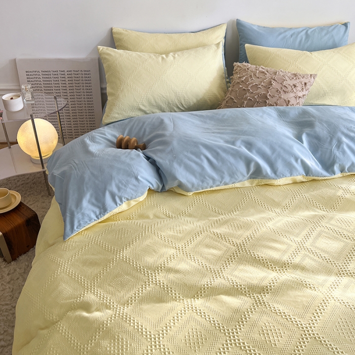 91家纺网 家纺一手货源 找家纺 米粒 2022直播爆款纯色AB版华夫格四件套磨毛水洗棉 米兰