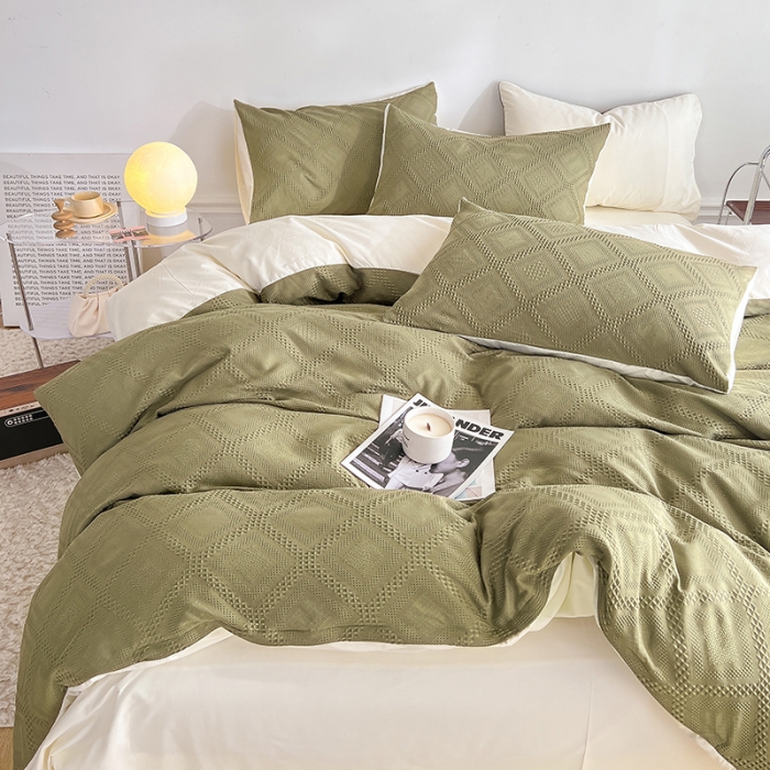 91家纺网 家纺一手货源 找家纺 米粒 2022直播爆款纯色AB版华夫格四件套磨毛水洗棉 米绿