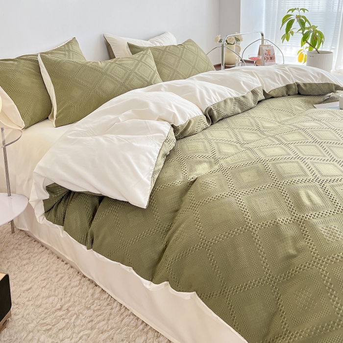 91家纺网 家纺一手货源 找家纺 米粒 2022直播爆款纯色AB版华夫格四件套磨毛水洗棉 米绿