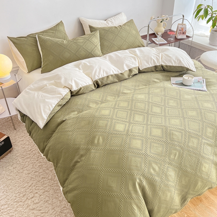 91家纺网 家纺一手货源 找家纺 米粒 2022直播爆款纯色AB版华夫格四件套磨毛水洗棉 米绿