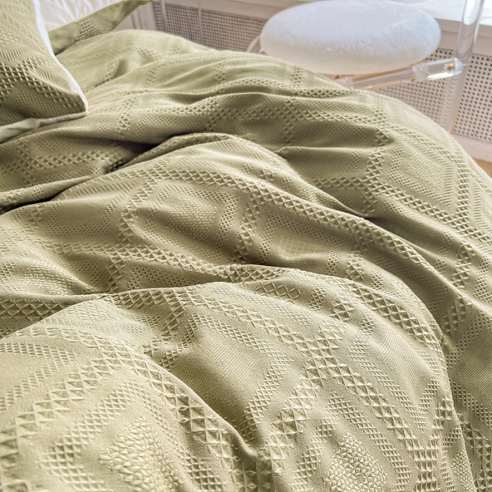 91家纺网 家纺一手货源 找家纺 米粒 2022直播爆款纯色AB版华夫格四件套磨毛水洗棉 米绿