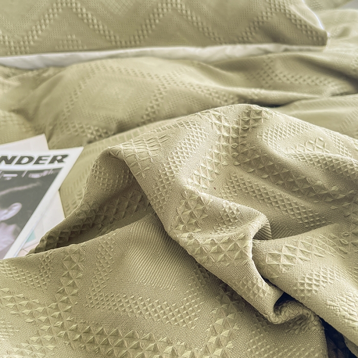 91家纺网 家纺一手货源 找家纺 米粒 2022直播爆款纯色AB版华夫格四件套磨毛水洗棉 米绿