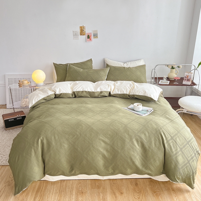 91家纺网 家纺一手货源 找家纺 米粒 2022直播爆款纯色AB版华夫格四件套磨毛水洗棉 米绿