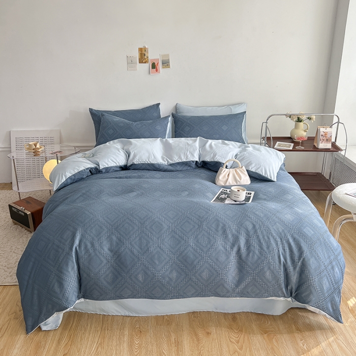 91家纺网 家纺一手货源 找家纺 米粒 2022直播爆款纯色AB版华夫格四件套磨毛水洗棉 牛仔蓝