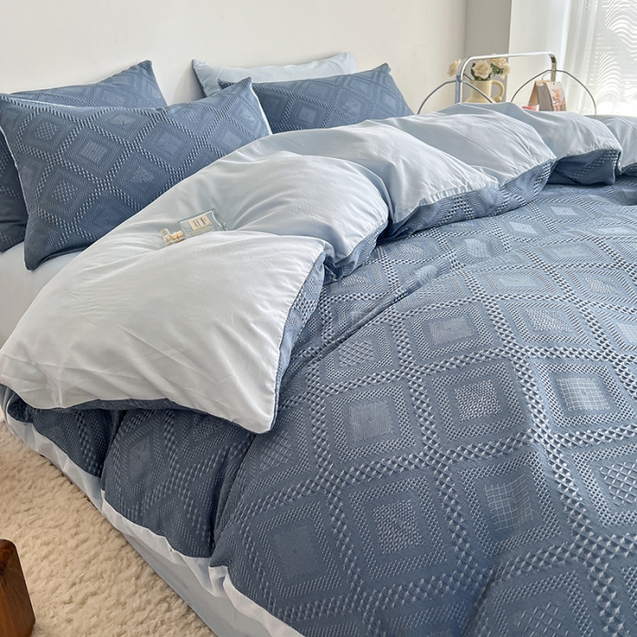 91家纺网 家纺一手货源 找家纺 米粒 2022直播爆款纯色AB版华夫格四件套磨毛水洗棉 牛仔蓝