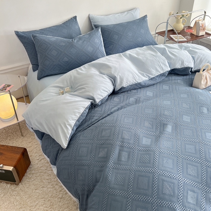 91家纺网 家纺一手货源 找家纺 米粒 2022直播爆款纯色AB版华夫格四件套磨毛水洗棉 牛仔蓝