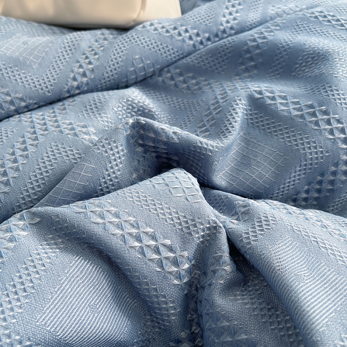 91家纺网 家纺一手货源 找家纺 米粒 2022直播爆款纯色AB版华夫格四件套磨毛水洗棉 牛仔蓝