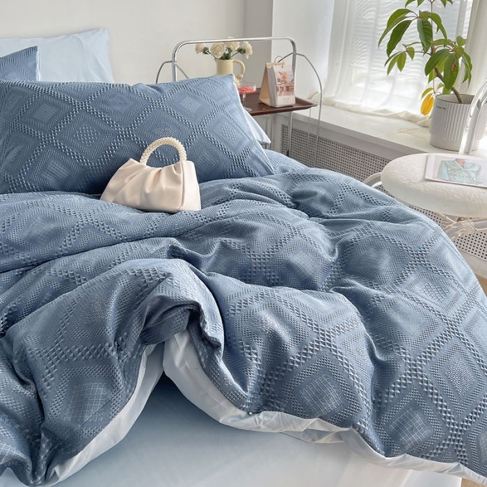 91家纺网 家纺一手货源 找家纺 米粒 2022直播爆款纯色AB版华夫格四件套磨毛水洗棉 牛仔蓝