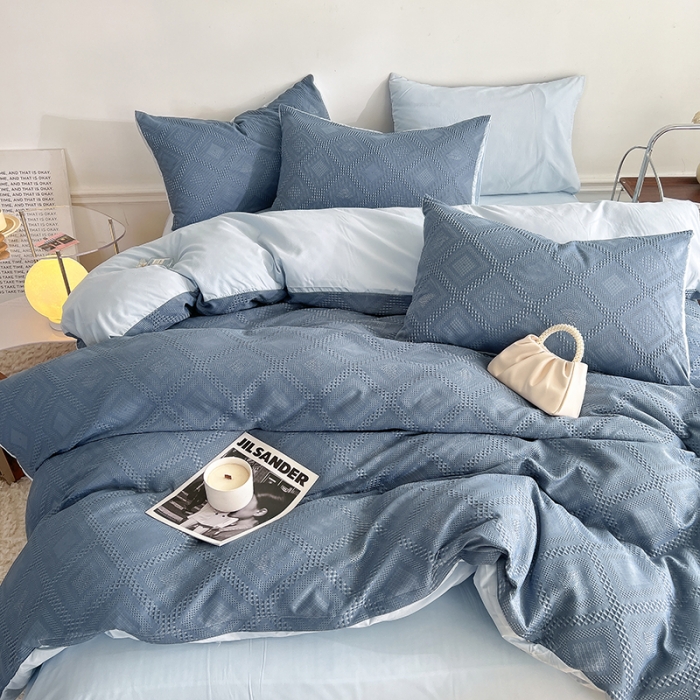 91家纺网 家纺一手货源 找家纺 米粒 2022直播爆款纯色AB版华夫格四件套磨毛水洗棉 牛仔蓝