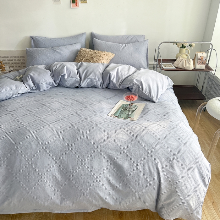 91家纺网 家纺一手货源 找家纺 米粒 2022直播爆款纯色AB版华夫格四件套磨毛水洗棉 浅灰