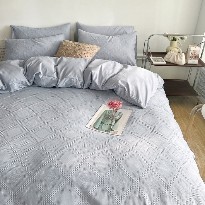 91家纺网 家纺一手货源 找家纺 米粒 2022直播爆款纯色AB版华夫格四件套磨毛水洗棉 浅灰