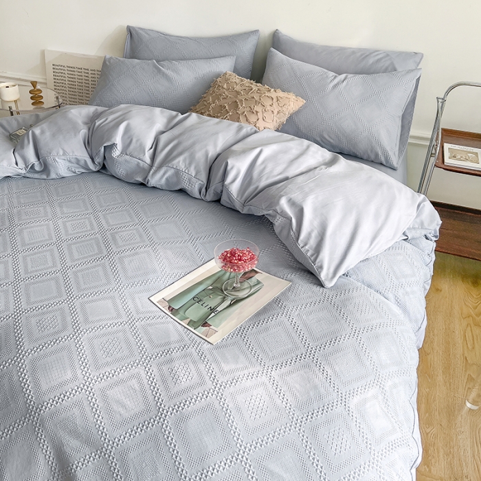 91家纺网 家纺一手货源 找家纺 米粒 2022直播爆款纯色AB版华夫格四件套磨毛水洗棉 浅灰