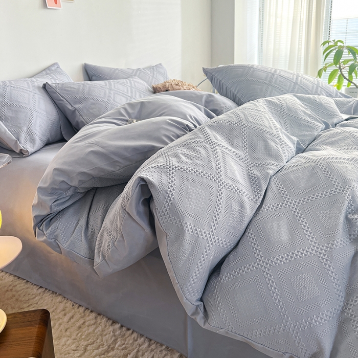 91家纺网 家纺一手货源 找家纺 米粒 2022直播爆款纯色AB版华夫格四件套磨毛水洗棉 浅灰