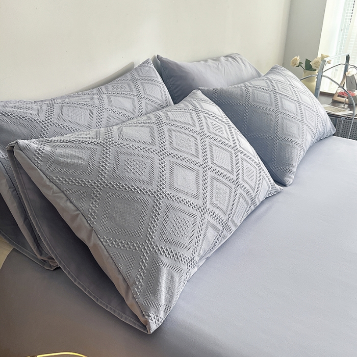 91家纺网 家纺一手货源 找家纺 米粒 2022直播爆款纯色AB版华夫格四件套磨毛水洗棉 浅灰