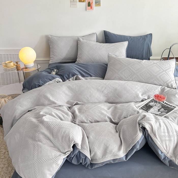 91家纺网 家纺一手货源 找家纺 米粒 2022直播爆款纯色AB版华夫格四件套磨毛水洗棉 浅深灰