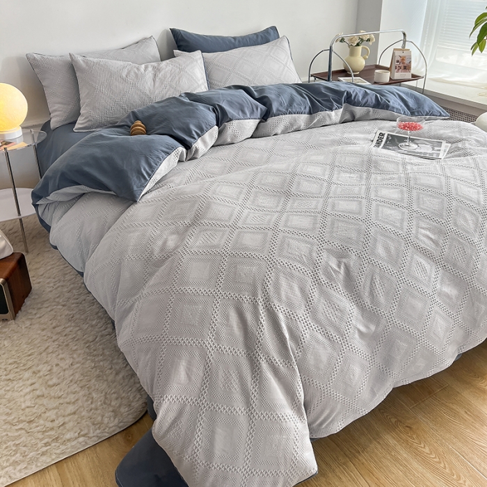 91家纺网 家纺一手货源 找家纺 米粒 2022直播爆款纯色AB版华夫格四件套磨毛水洗棉 浅深灰