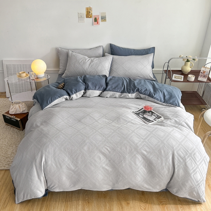 91家纺网 家纺一手货源 找家纺 米粒 2022直播爆款纯色AB版华夫格四件套磨毛水洗棉 浅深灰