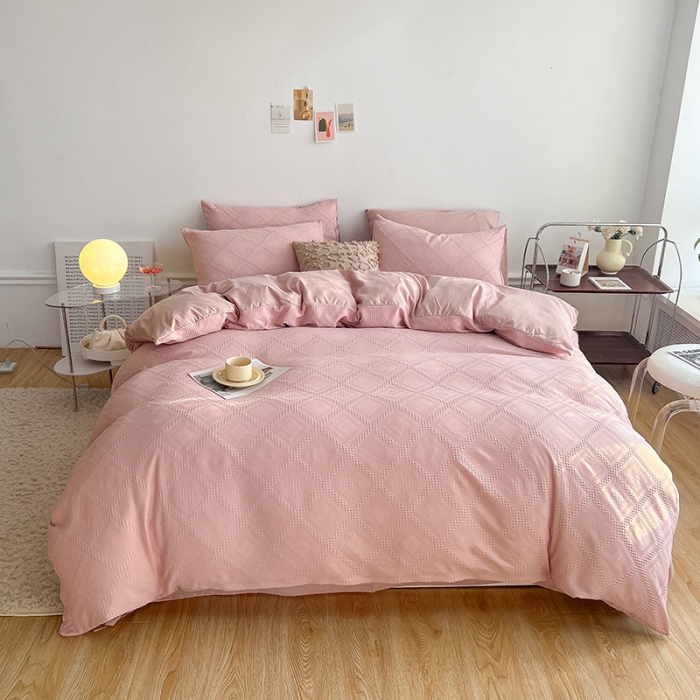 91家纺网 家纺一手货源 找家纺 米粒 2022直播爆款纯色AB版华夫格四件套磨毛水洗棉 柔粉玉