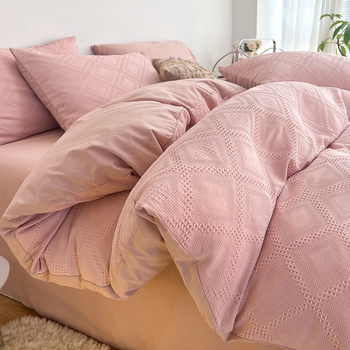 91家纺网 家纺一手货源 找家纺 米粒 2022直播爆款纯色AB版华夫格四件套磨毛水洗棉 柔粉玉