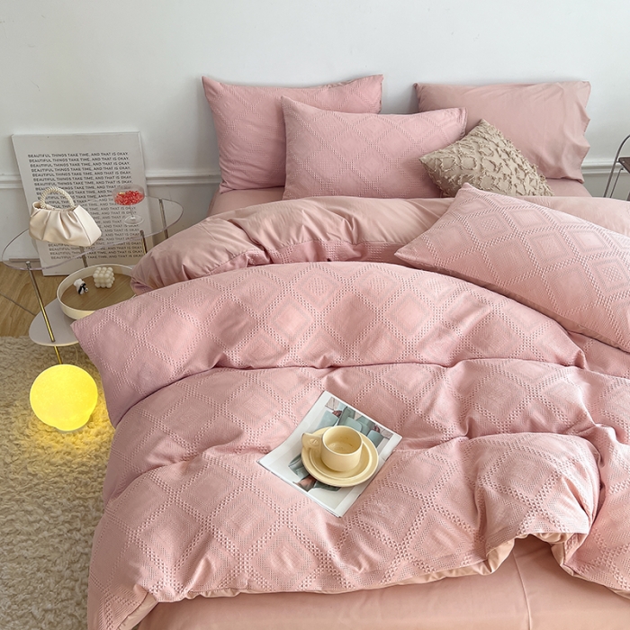 91家纺网 家纺一手货源 找家纺 米粒 2022直播爆款纯色AB版华夫格四件套磨毛水洗棉 柔粉玉