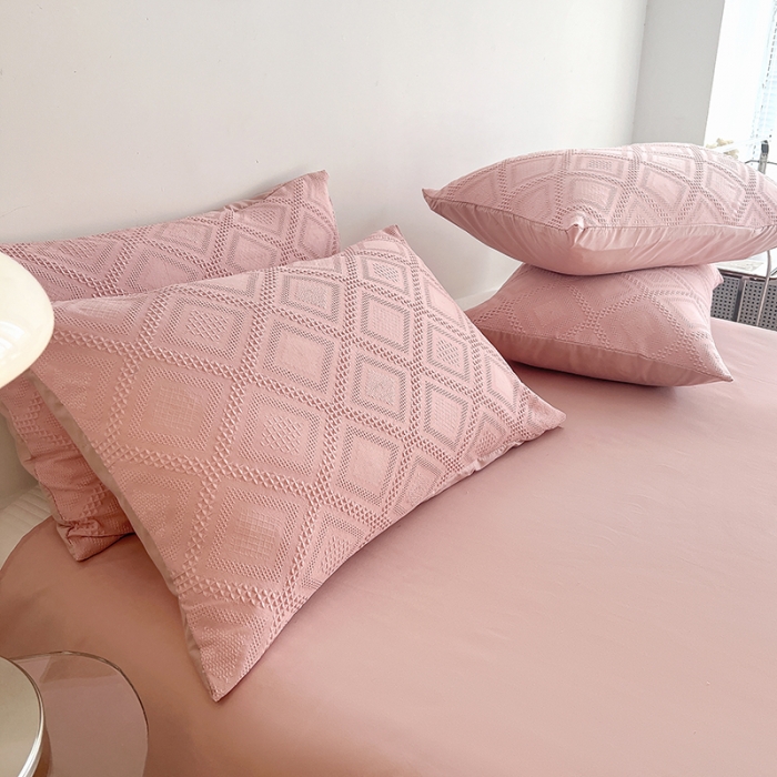 91家纺网 家纺一手货源 找家纺 米粒 2022直播爆款纯色AB版华夫格四件套磨毛水洗棉 柔粉玉