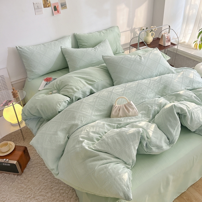 91家纺网 家纺一手货源 找家纺 米粒 2022直播爆款纯色AB版华夫格四件套磨毛水洗棉 水绿