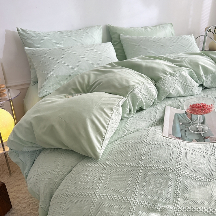 91家纺网 家纺一手货源 找家纺 米粒 2022直播爆款纯色AB版华夫格四件套磨毛水洗棉 水绿