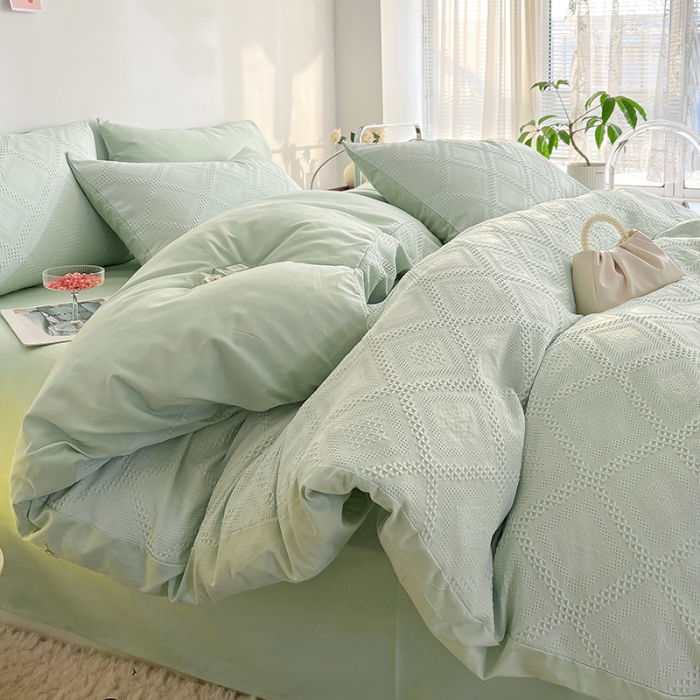 91家纺网 家纺一手货源 找家纺 米粒 2022直播爆款纯色AB版华夫格四件套磨毛水洗棉 水绿