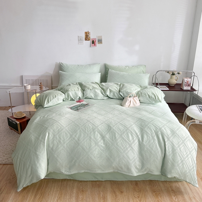 91家纺网 家纺一手货源 找家纺 米粒 2022直播爆款纯色AB版华夫格四件套磨毛水洗棉 水绿