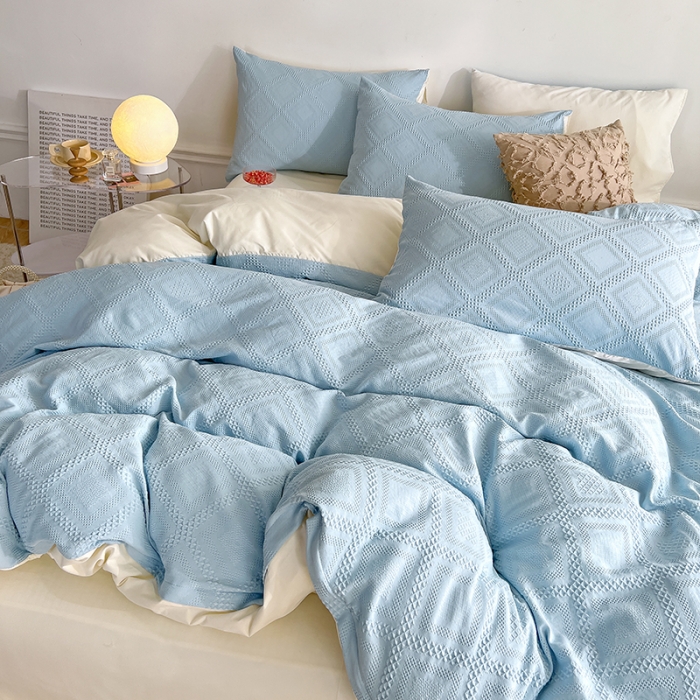 91家纺网 家纺一手货源 找家纺 米粒 2022直播爆款纯色AB版华夫格四件套磨毛水洗棉 天空蓝