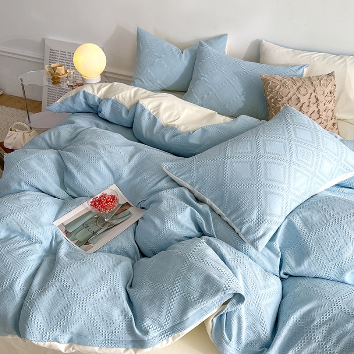 91家纺网 家纺一手货源 找家纺 米粒 2022直播爆款纯色AB版华夫格四件套磨毛水洗棉 天空蓝