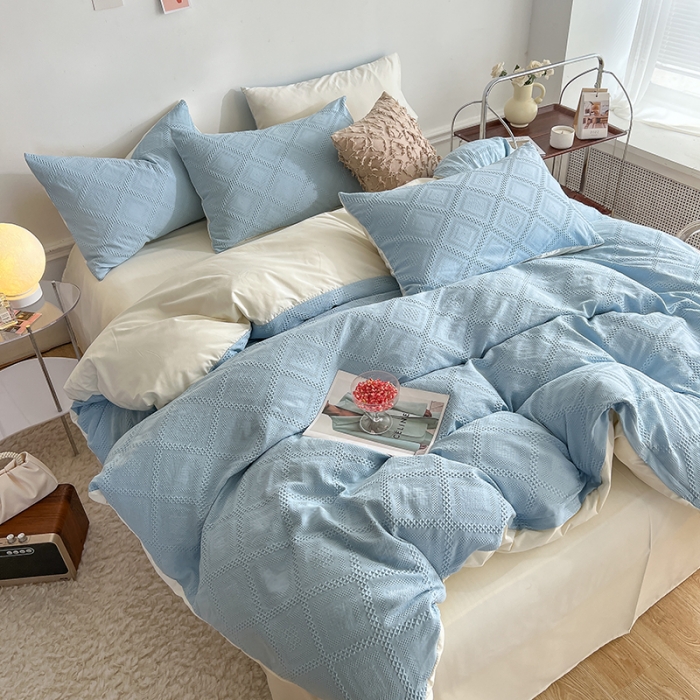 91家纺网 家纺一手货源 找家纺 米粒 2022直播爆款纯色AB版华夫格四件套磨毛水洗棉 天空蓝