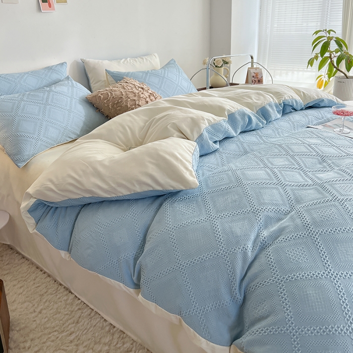 91家纺网 家纺一手货源 找家纺 米粒 2022直播爆款纯色AB版华夫格四件套磨毛水洗棉 天空蓝