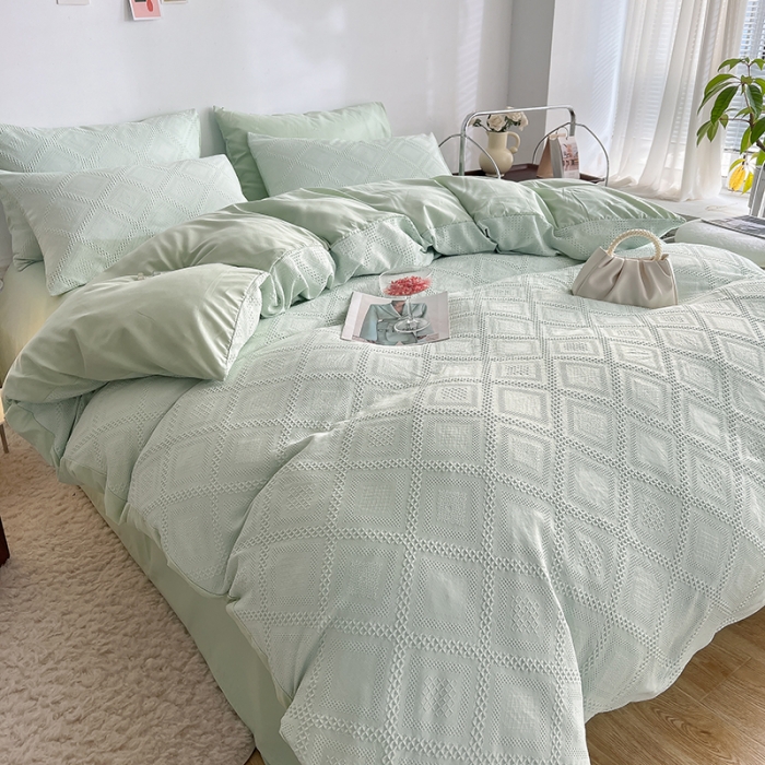 91家纺网 家纺一手货源 找家纺 米粒 2022直播爆款纯色AB版华夫格四件套磨毛水洗棉 水绿