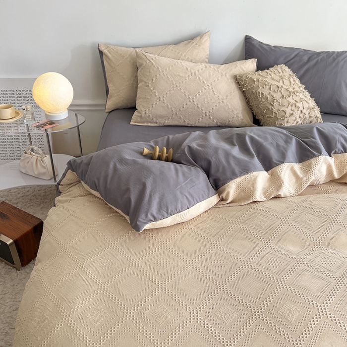 91家纺网 家纺一手货源 找家纺 米粒 2022直播爆款纯色AB版华夫格四件套磨毛水洗棉 紫咖