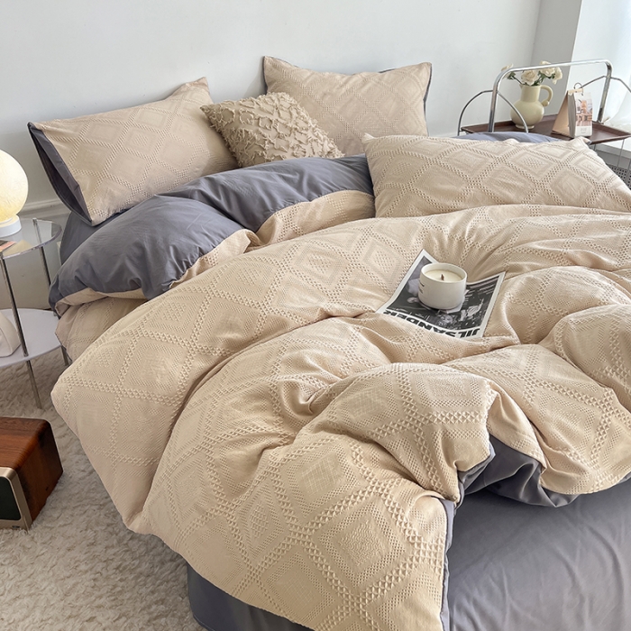 91家纺网 家纺一手货源 找家纺 米粒 2022直播爆款纯色AB版华夫格四件套磨毛水洗棉 紫咖