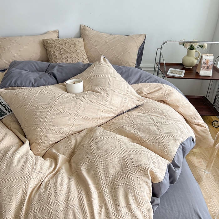 91家纺网 家纺一手货源 找家纺 米粒 2022直播爆款纯色AB版华夫格四件套磨毛水洗棉 紫咖