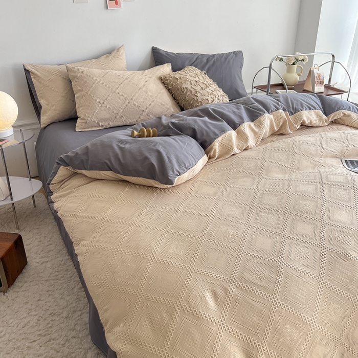 91家纺网 家纺一手货源 找家纺 米粒 2022直播爆款纯色AB版华夫格四件套磨毛水洗棉 紫咖