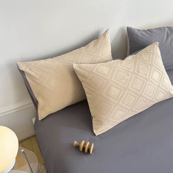 91家纺网 家纺一手货源 找家纺 米粒 2022直播爆款纯色AB版华夫格四件套磨毛水洗棉 紫咖