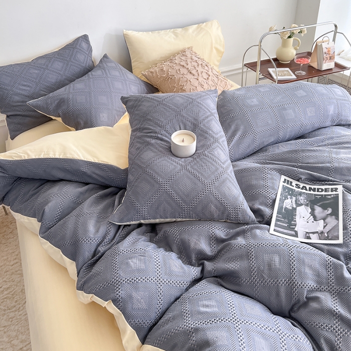 91家纺网 家纺一手货源 找家纺 米粒 2022直播爆款纯色AB版华夫格四件套磨毛水洗棉 紫米