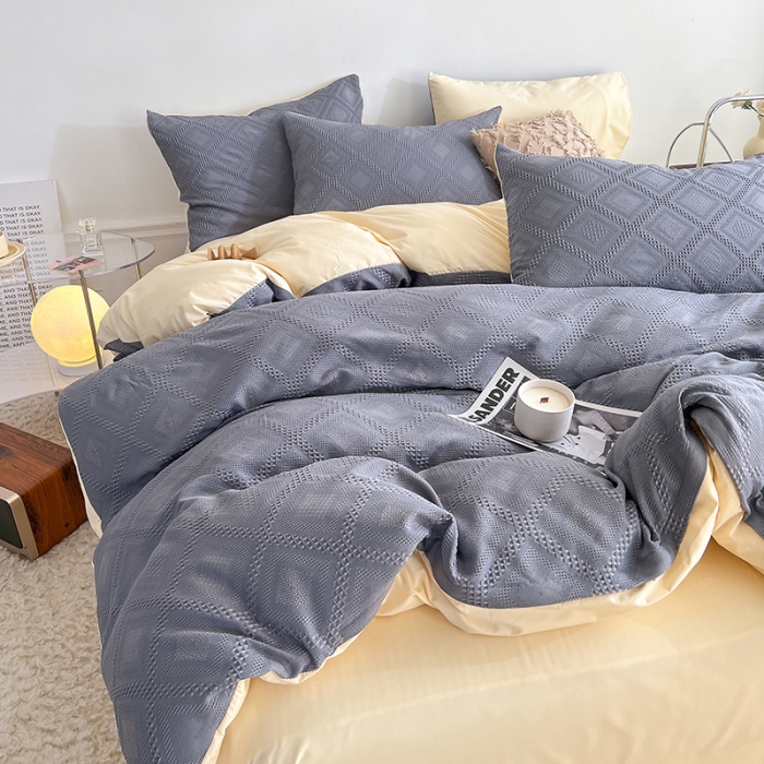 91家纺网 家纺一手货源 找家纺 米粒 2022直播爆款纯色AB版华夫格四件套磨毛水洗棉 紫米