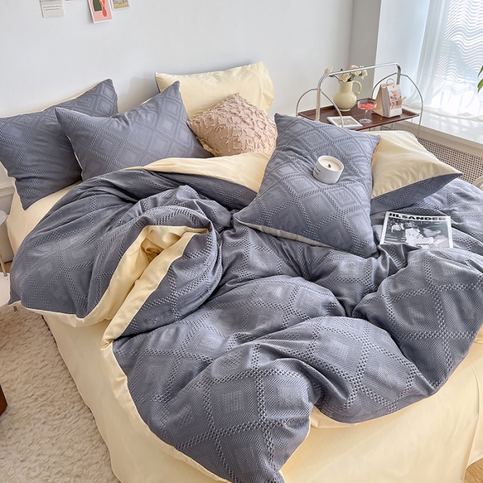 91家纺网 家纺一手货源 找家纺 米粒 2022直播爆款纯色AB版华夫格四件套磨毛水洗棉 紫米