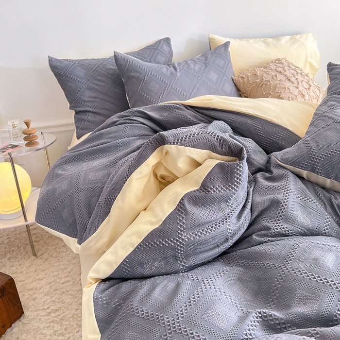 91家纺网 家纺一手货源 找家纺 米粒 2022直播爆款纯色AB版华夫格四件套磨毛水洗棉 紫米