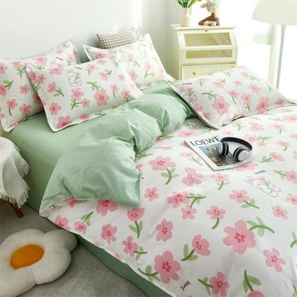 91家纺网 家纺一手货源 找家纺 尚帛 2024新款12868印花纯棉全棉四件套直播 花朵兔