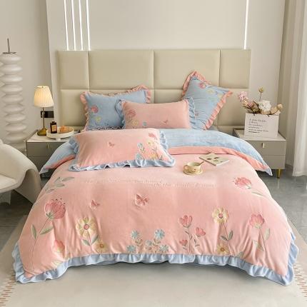 91家纺网 家纺一手货源 找家纺 懒猫 2022新款刺绣牛奶绒四件套-花韵 花韵-粉