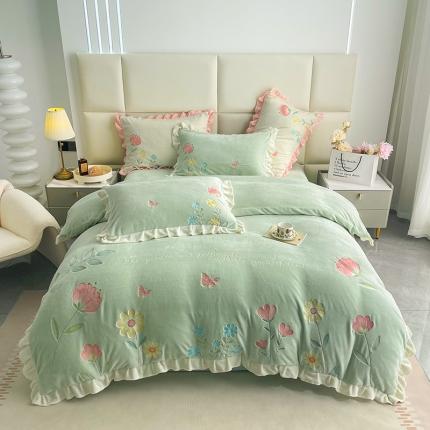 91家纺网 家纺一手货源 找家纺 懒猫 2022新款刺绣牛奶绒四件套-花韵 花韵-绿
