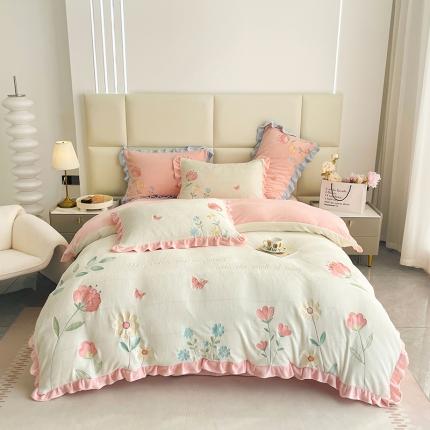 91家纺网 家纺一手货源 找家纺 懒猫 2022新款刺绣牛奶绒四件套-花韵 花韵-白