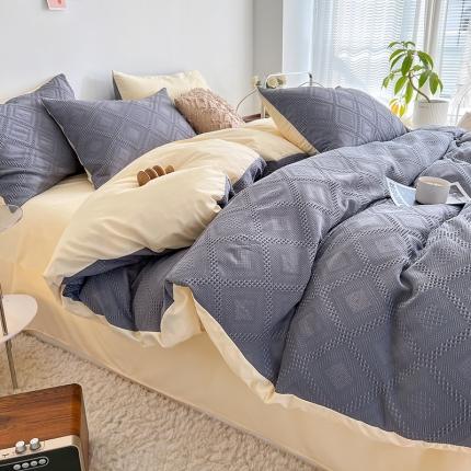 91家纺网 家纺一手货源 找家纺 米粒 2022直播爆款纯色AB版华夫格四件套磨毛水洗棉 紫米