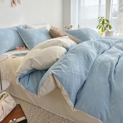 米粒 2022直播爆款纯色AB版华夫格四件套磨毛水洗棉 天空蓝