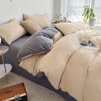 91家纺网 家纺一手货源 找家纺 米粒 2022直播爆款纯色AB版华夫格四件套磨毛水洗棉 紫咖